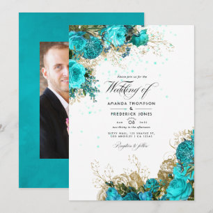 Invitation Photo de mariage vintage turquoise et or shabby