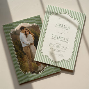 Invitation Photo de mariage vintage vert sauge rayé