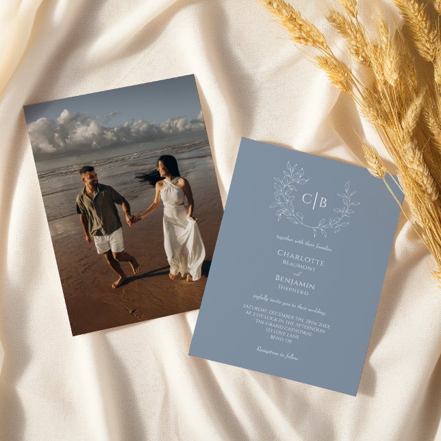 Invitation Photo de monogramme de mariage minimal feuille ble (Créateur téléchargé)
