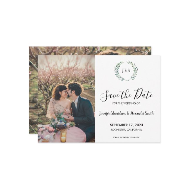 Invitation Photo de monogramme feuille rustique Enregistrer l (Devant/Arrière en situation)