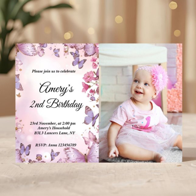 Invitation Photo de naissance élégant papillon rose violet (Créateur téléchargé)