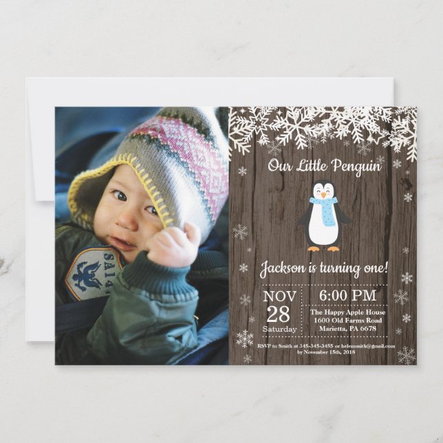 Invitation Photo de naissance garçon hiver Manchot rustique (Devant)
