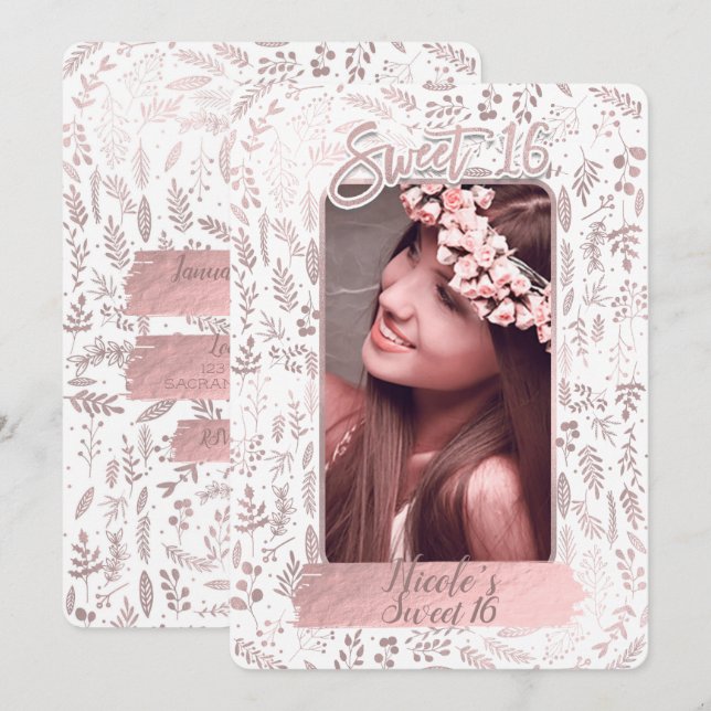 Invitation Photo de naissance moderne Sweet 16 avec feuille r (Devant / Derrière)