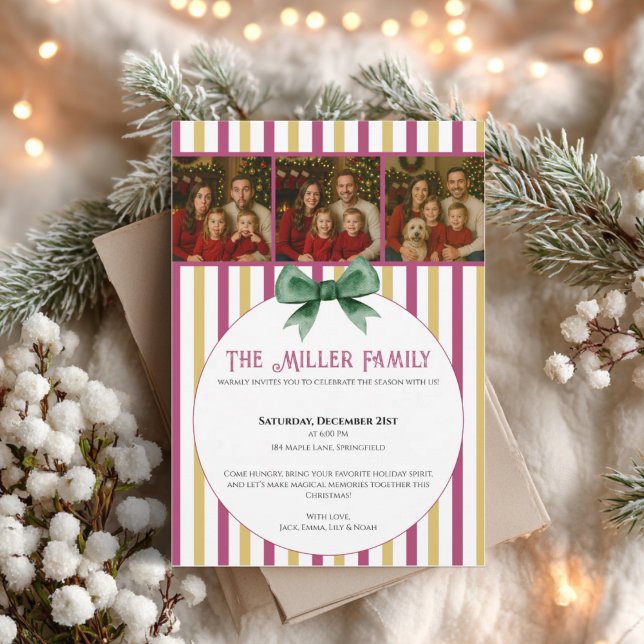 Invitation Photo de Noël • Rayures Rose et Or (Modern Christmas photo invitation with red pink gold stripes and green bow)