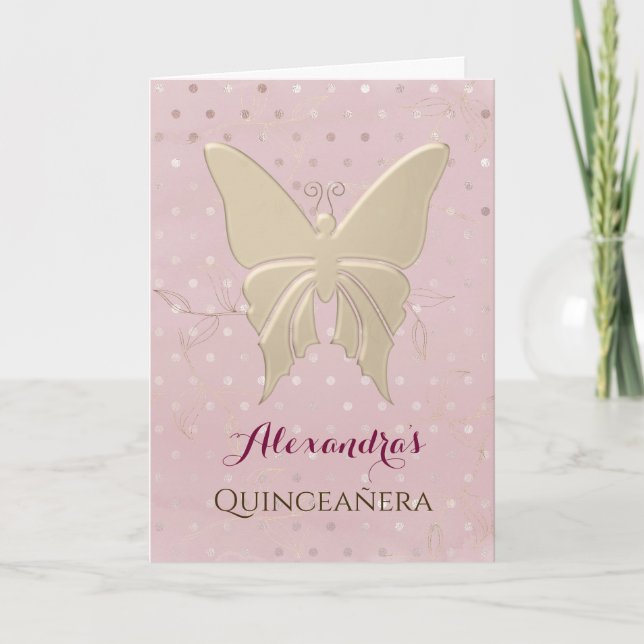 Invitation Photo de papillon en rose gold pour Quinceanera (Devant)