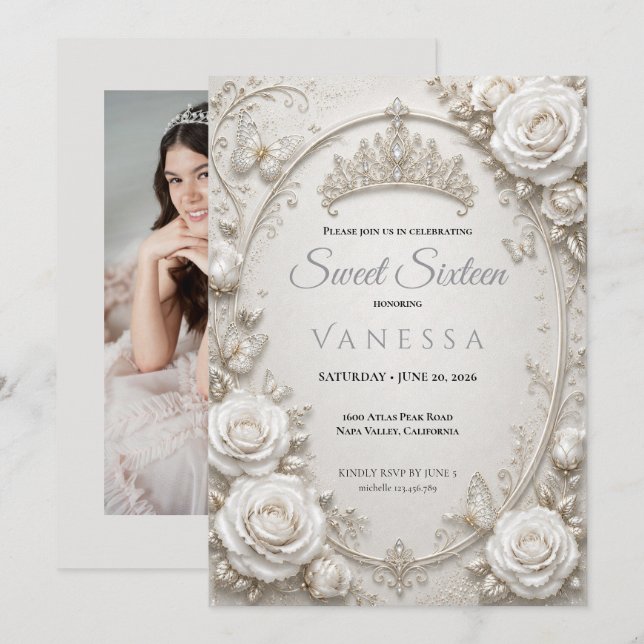 Invitation photo de papillons princesse sweet 16 (Devant / Derrière)