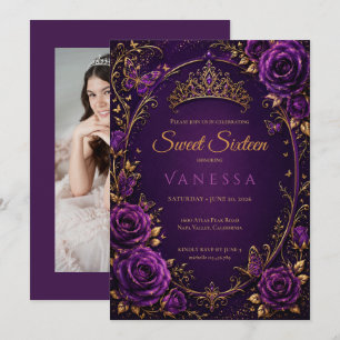 Invitation photo de papillons princesse violet sweet 16