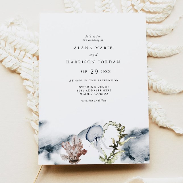 Invitation Photo de plage de poisson corail de mer tropical A (Tropical Ocean Coral and Jellyfish Wedding Invitation for Destination Beach Event)