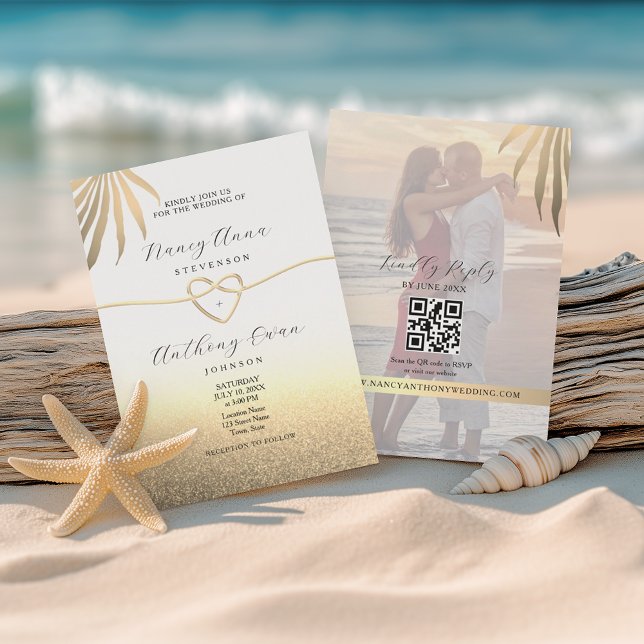 Invitation Photo de plage Mariage Or (Créateur téléchargé)