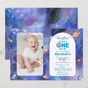 Invitation Photo de premier anniversaire aquarelle Galaxie sp
