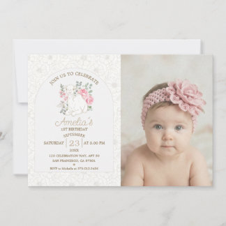 Invitation Photo de premier anniversaire de chameau floral aq
