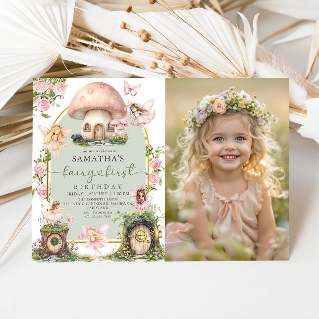 Invitation Photo de premier anniversaire de fée de la forêt e (Créateur téléchargé)