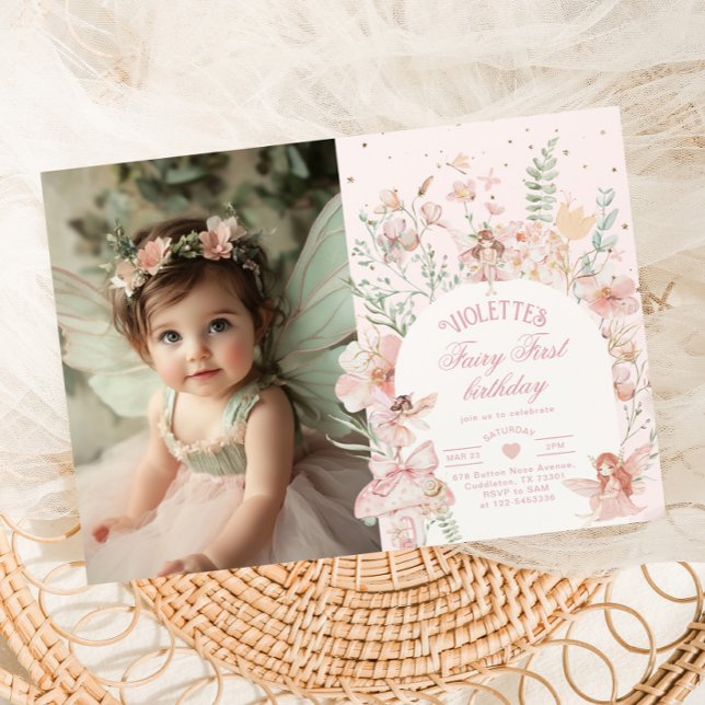 Invitation Photo de premier anniversaire de fée pastel et fan (Créateur téléchargé)