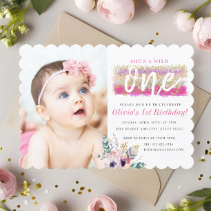Invitation Photo de premier anniversaire de fille Boho Floral
