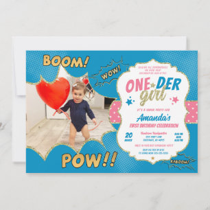 Invitation Photo de premier anniversaire d'Onder Girl bleu et