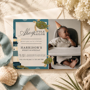 Invitation Photo de premier anniversaire Petit Marin Ahoy