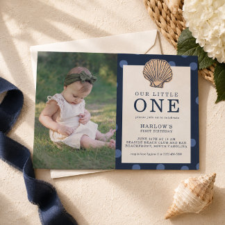 Invitation Photo de premier anniversaire Preppy Coastal Shell