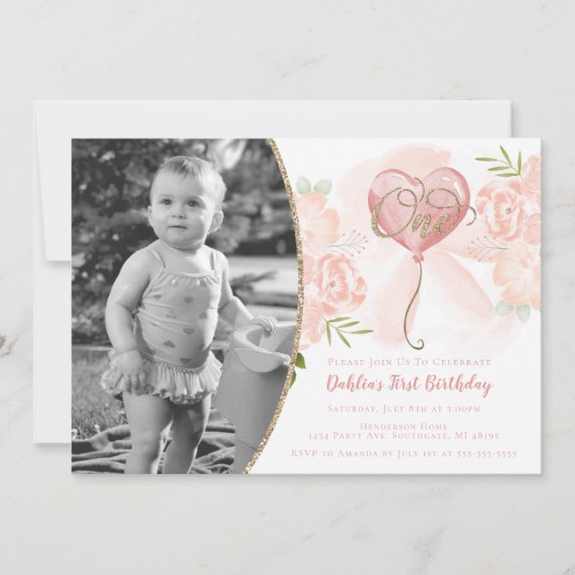 Invitation photo de premier anniversaire rose flor (Devant)