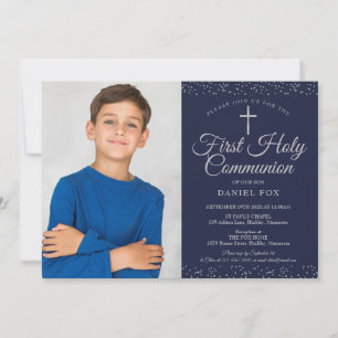 Invitation Photo de première communion bleu marine argenté