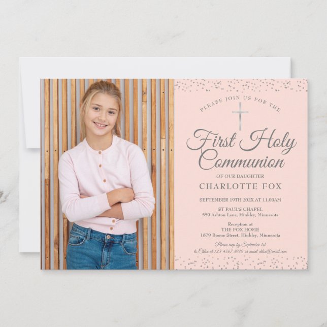 Invitation Photo de première communion Blush Pink Stardust (Devant)