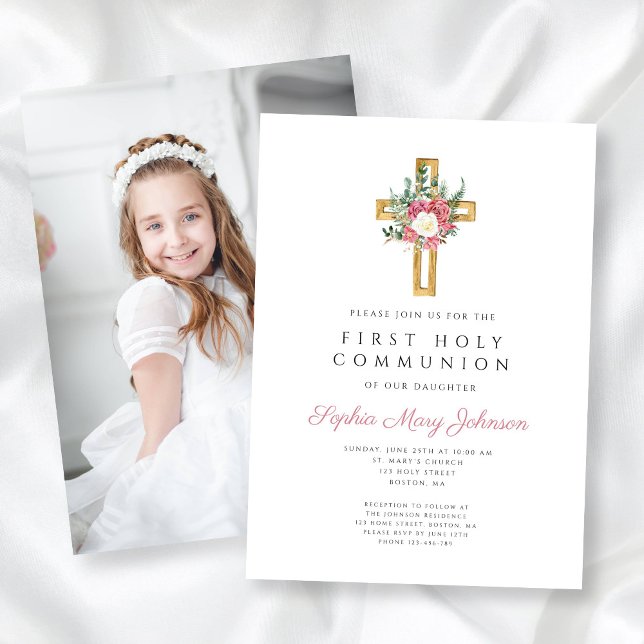 Invitation Photo de première communion de fille avec croix fl (Elegant Floral Cross Girl First Communion Photo Invitation)