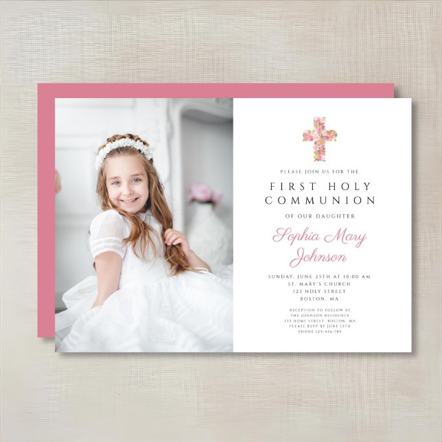 Invitation Photo de première communion d'une fille avec une c (Pink Floral Cross Girl First Communion Photo Invitation)