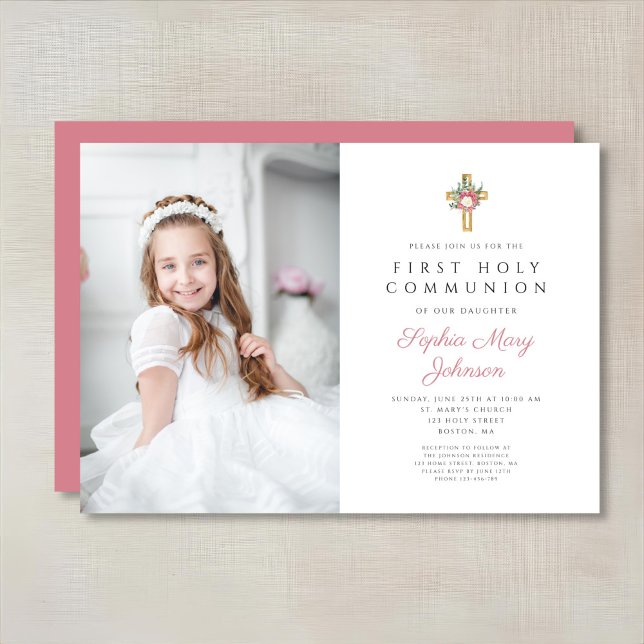 Invitation Photo de première communion d'une fille avec une c (Elegant Floral Cross Girl First Communion Photo Invitation)