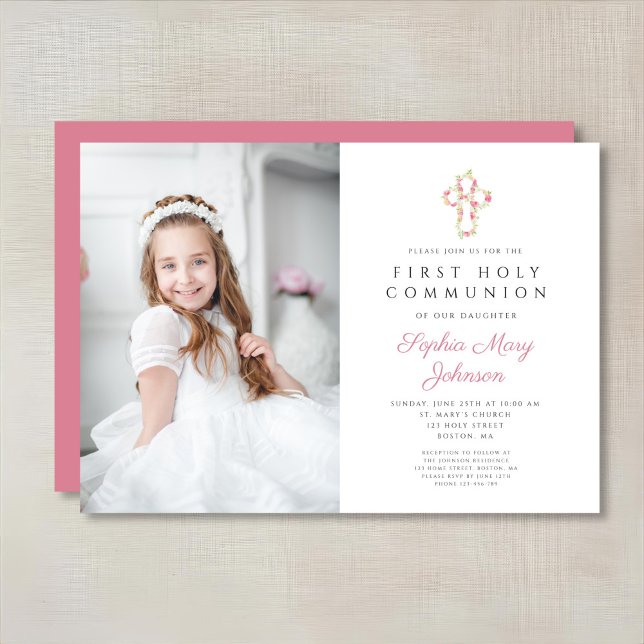 Invitation Photo de première communion d'une fille avec une c (Pink Floral Cross Girl First Communion Photo Invitation)