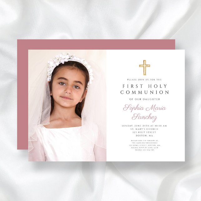 Invitation Photo de première communion d'une fille avec une c (Elegant Pink Cross Girl First Communion Photo Invitation)