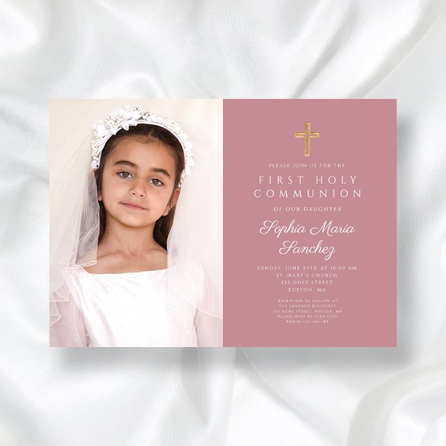 Invitation Photo de première communion d'une fille avec une c (Elegant Pink Cross Girl First Communion Photo Invitation)