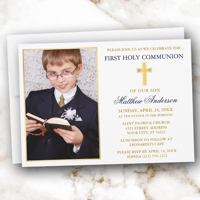 Invitation Photo de première communion élégant or bleu (Customize to change text size, text style or color.)