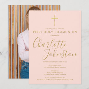 Invitation Photo de première communion en écriture dorée rose