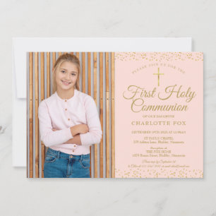 Invitation Photo de première communion en rose poudré et pous