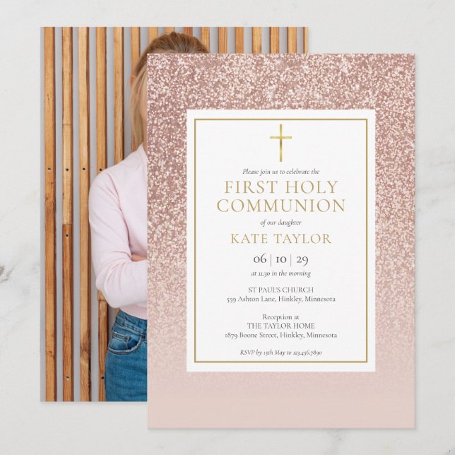 Invitation Photo de première communion solennelle avec paille (Devant / Derrière)