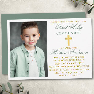 Invitation Photo de Première Sainte Communion Vert Sauge Or