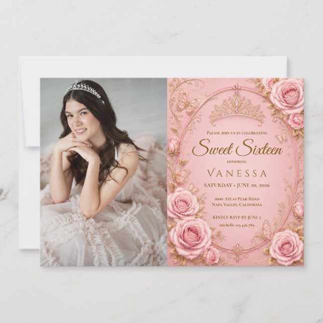 Invitation Photo de princesse rose sweet 16 (Devant)
