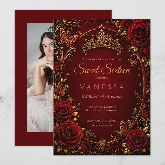 Invitation Photo de princesse rouge sweet 16 (Devant / Derrière)