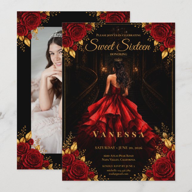 Invitation Photo de princesse Sweet 16 Rouge Or (Devant / Derrière)