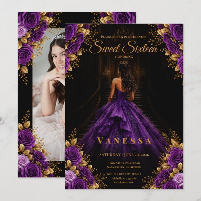 Invitation Photo de princesse sweet 16 violet or (Devant / Derrière)