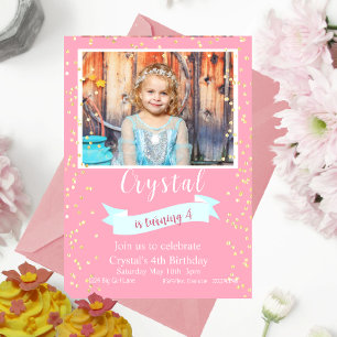 Invitation Photo de quatrième anniversaire rose et or