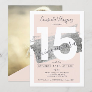 Invitation Photo de quinceanera à brosse à feuilles d'argent