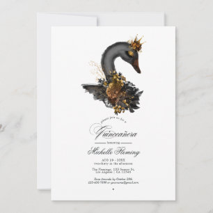 Invitation Photo de Quinceañera au cygne floral noir et or