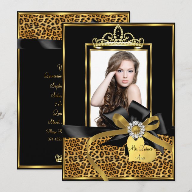 Invitation Photo de Quinceanera avec impression léopard noir  (Devant / Derrière)