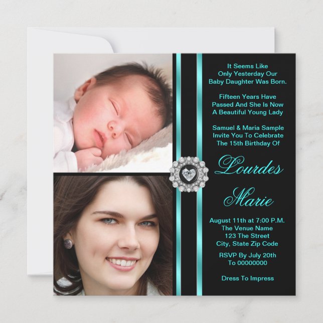 Invitation Photo de Quinceanera bleu sarcelle (Devant)