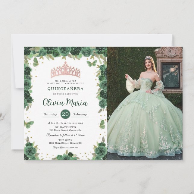 Invitation Photo de Quinceañera Émeraude Verte Fleurs Papillo (Devant)