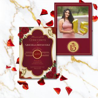 Invitation photo de Quinceañera en Bourgogne et Or