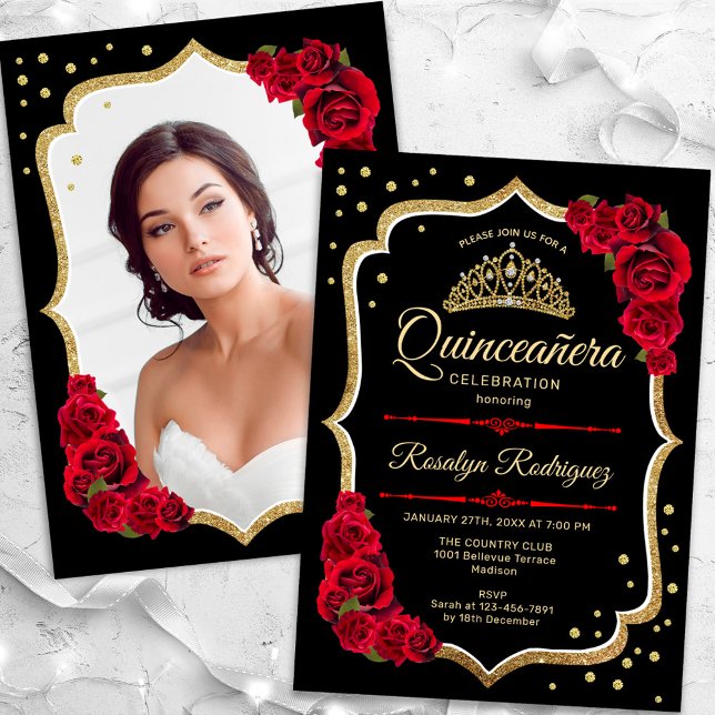 Invitation Photo de Quinceanera en or rouge noir (Créateur téléchargé)