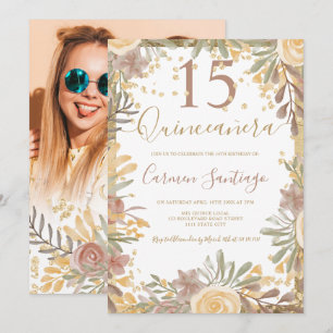 Invitation Photo de Quinceanera floral marron doré à l'aquare