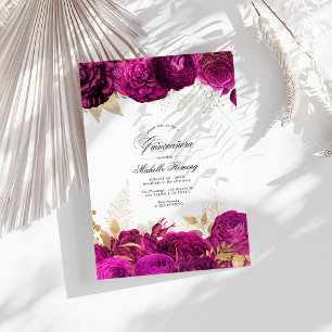 Invitation Photo de Quinceañera florale or et rose vif gras