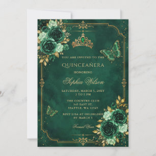 Invitation Photo de Quinceañera Papillon Floral Or Émeraude